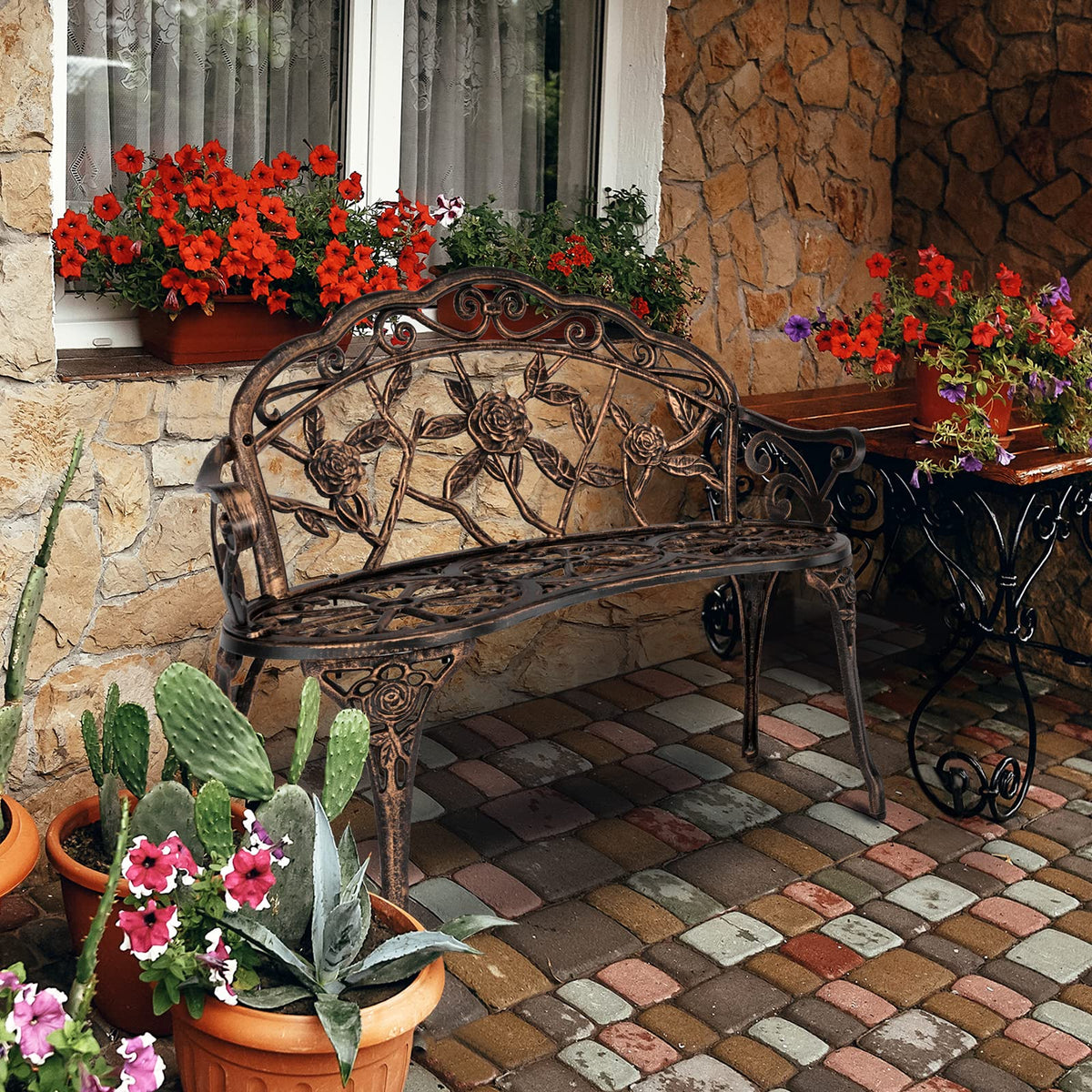 VINGLI 38.5" Patio Park Garden Outdoor Metal Rose Bench, 2-Person Cast Iron Cast Aluminium Frame