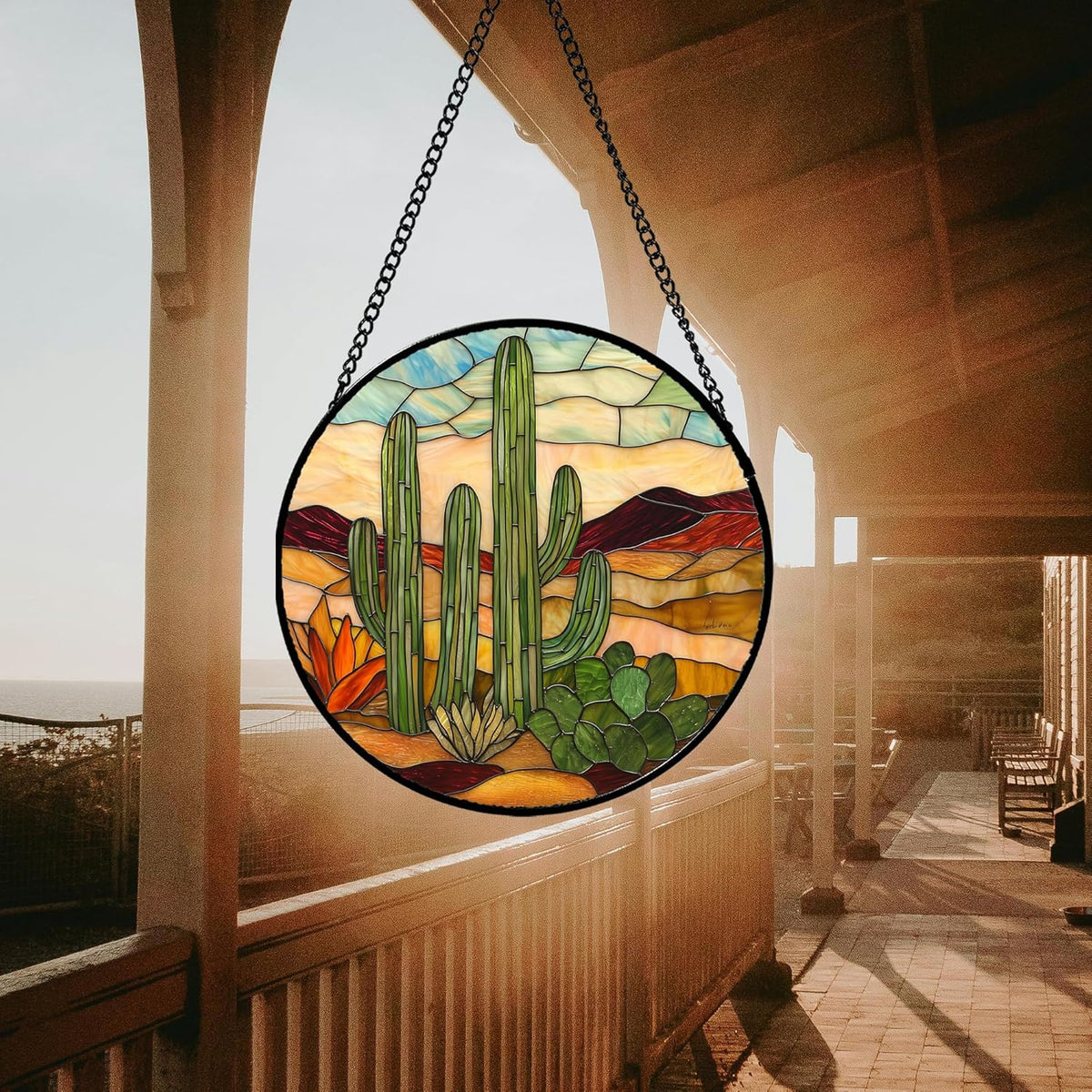 Stained Glass Window Hanging, Green Cactus Sun Catcher for Door Terrace Garden Home Decor, Abstract