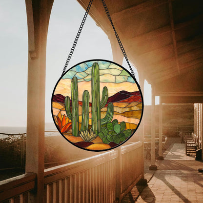 Stained Glass Window Hanging, Green Cactus Sun Catcher for Door Terrace Garden Home Decor, Abstract