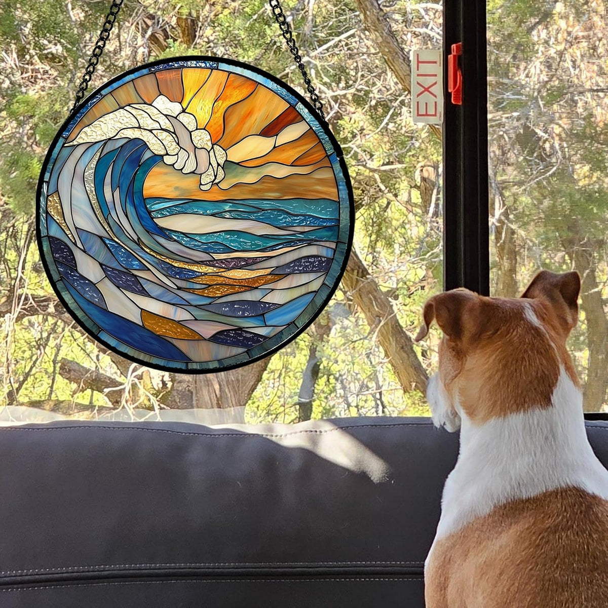 Stained Glass Window Hanging, Orange Clouds Blue White Sea Waves Landscape Suncatcher for Doors