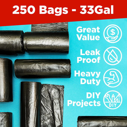 ToughBag 30-33 Gallon Trash Bags Heavy Duty, 32 x 38" Black Garbage Bags (250 COUNT) – 30+, 32