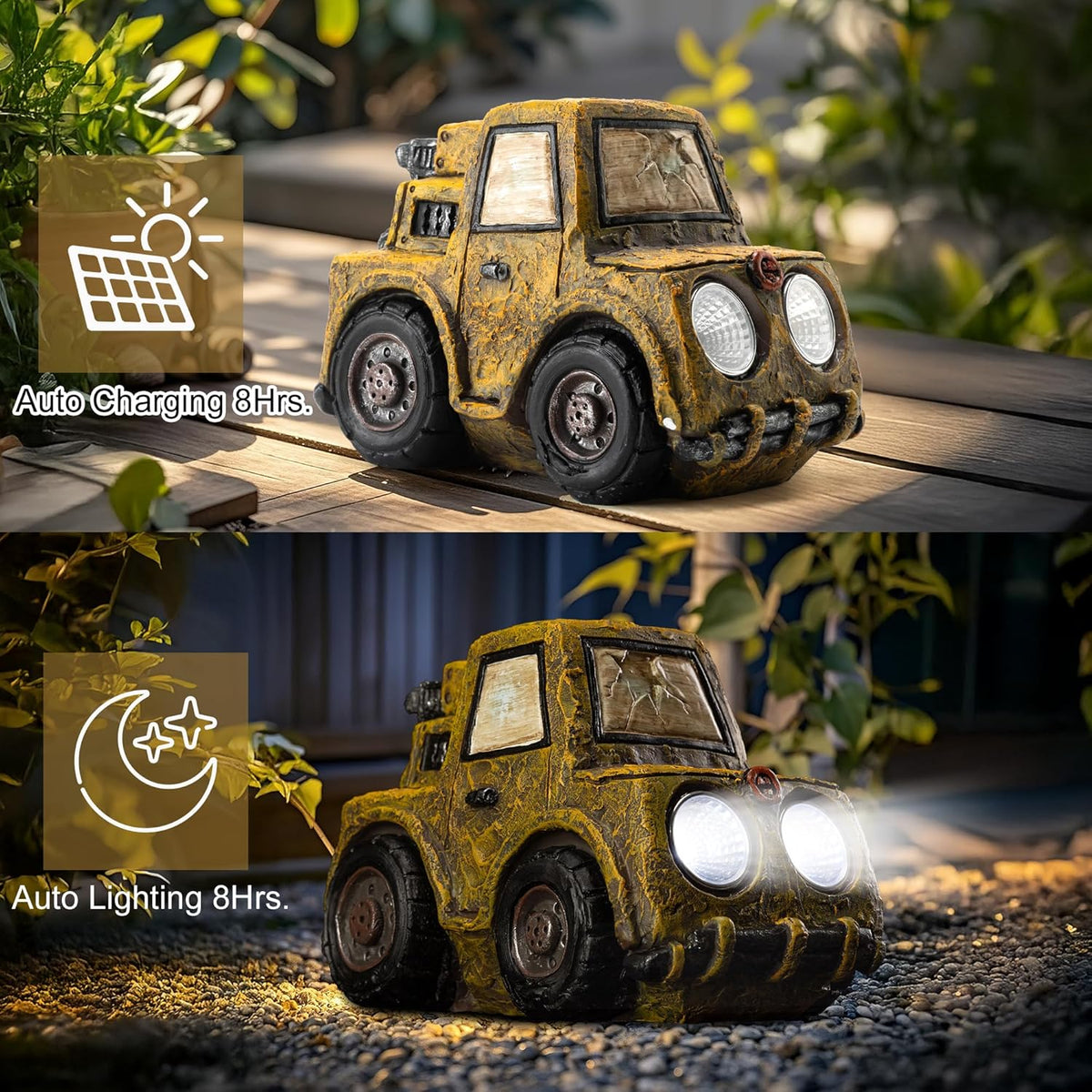 Garden Statue Outdoor Solar Car Decor with LED Light Vintage Resin Sculpture Construction Vehicle