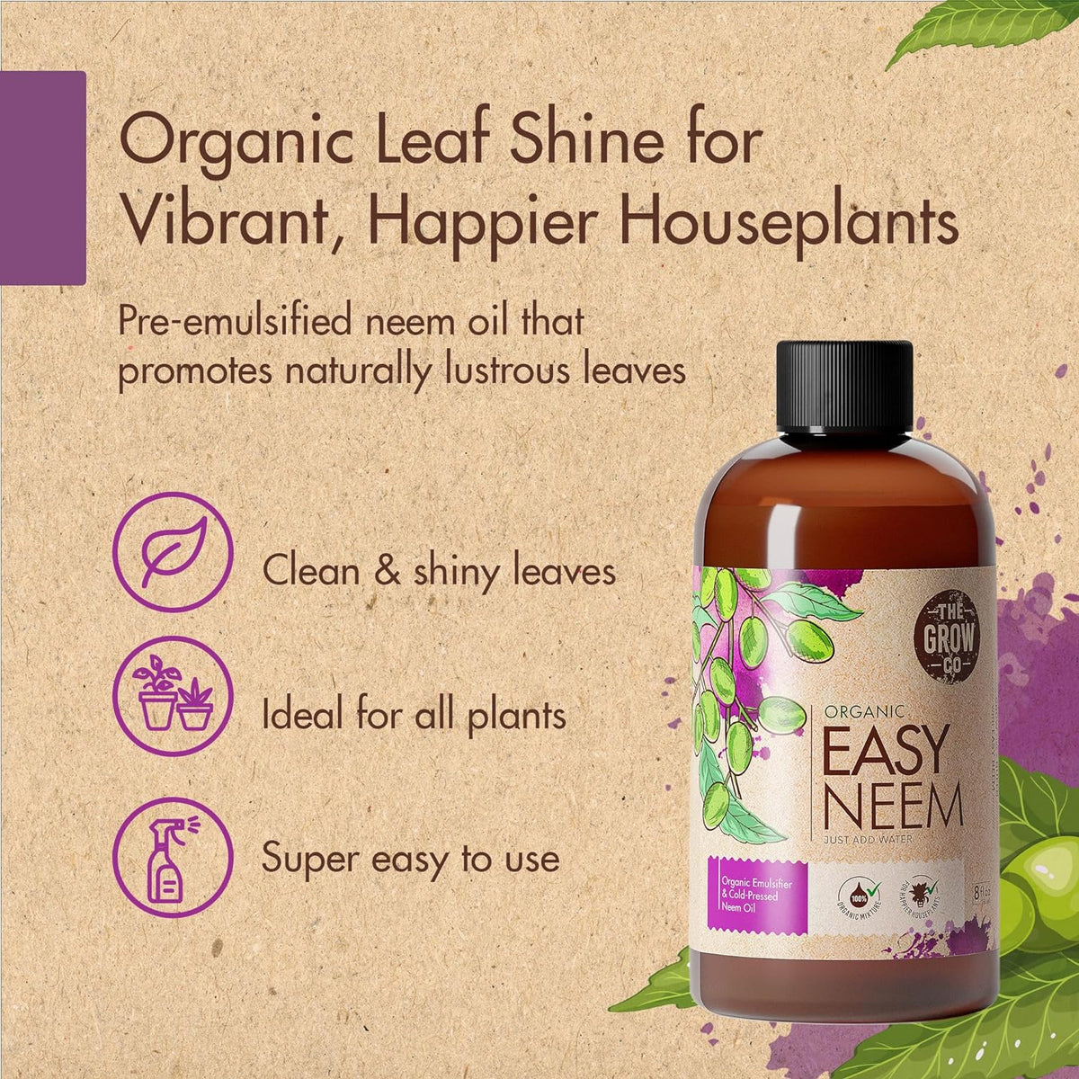 8oz Organic Neem Oil for Plants - Cold Pressed Neem Oil Concentrate for Plants, Water Soluble and