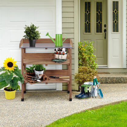 Yaheetech Potting Bench Outdoor Console Table w/3-Tier Storage,Brown