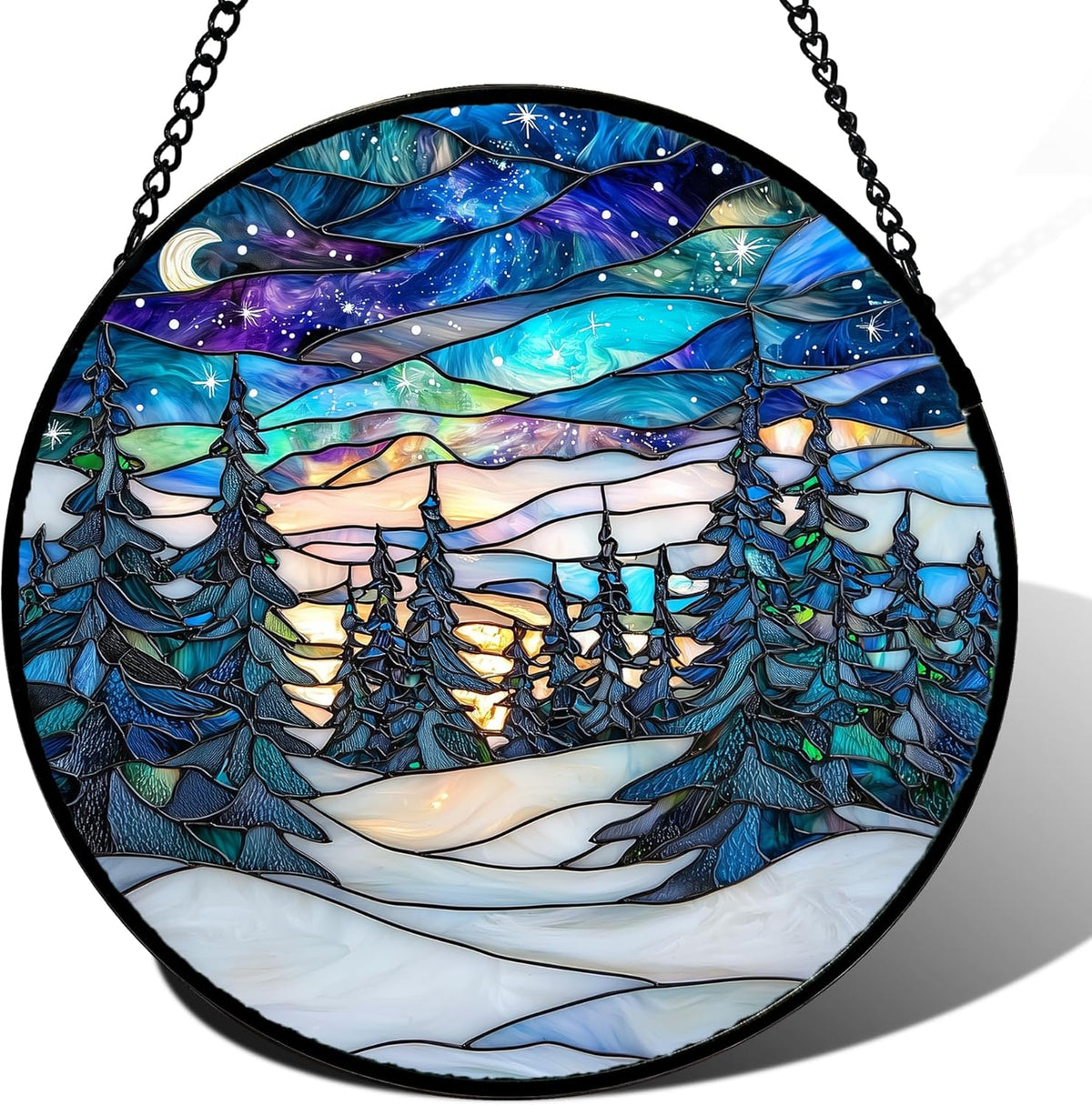 Stained Glass Window Hanging, Starry Sky Trees and Snow Sun Catchers Glass Panel Blue Suncatcher