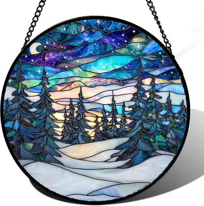 Stained Glass Window Hanging, Starry Sky Trees and Snow Sun Catchers Glass Panel Blue Suncatcher