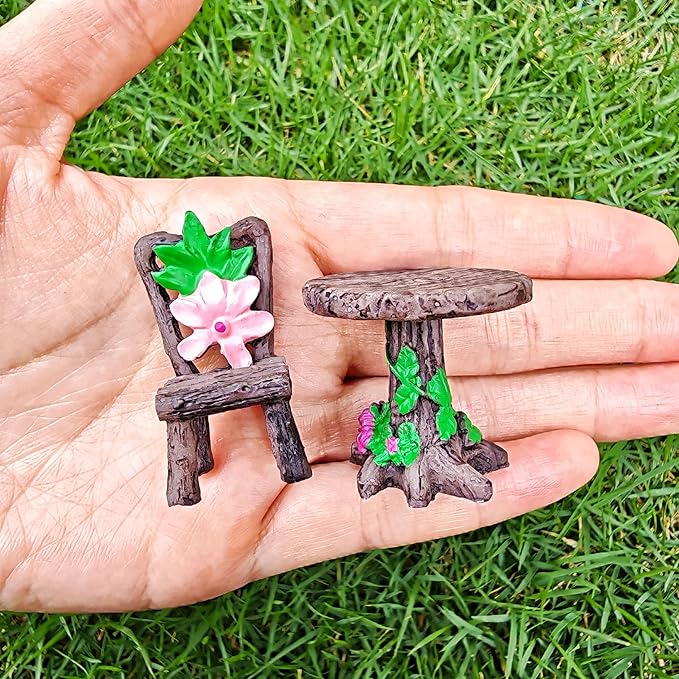 Miniature Garden Furniture Set - 14-Piece Resin Miniature Table and Chairs Set for Outdoor Decor