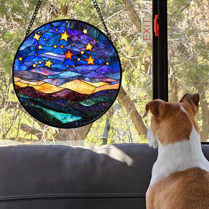 Stained Glass Window Hanging, Blue Sky Gold Stars Abstract Landscape Suncatcher for Doors Window