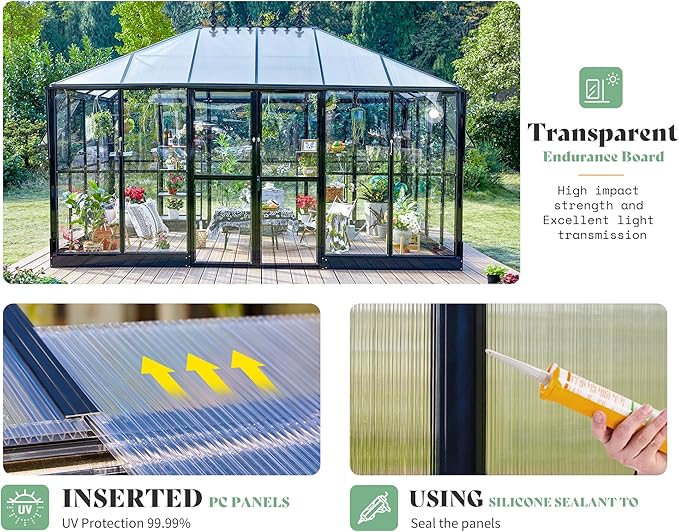 AMERLIFE 14x9.5x9 FT Hybrid Polycarbonate Greenhouse Quick Connector Fast Assembly, Swing 2 Doors