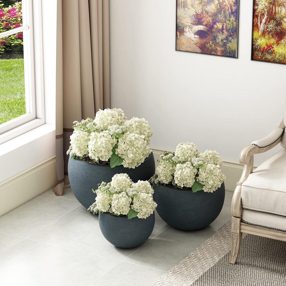 Kante 19.9",15.7",11.8" Dia Round Concrete Planter Set of 3, Outdoor/Indoor Large Bowl Plant Pots