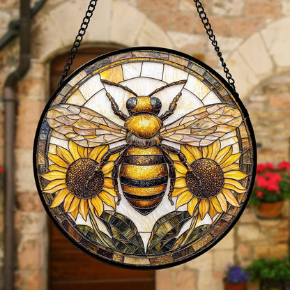 Stained Glass Window Hanging - Bee Sunflower Yellow Suncatcher Ready to Hang Window Doors Home