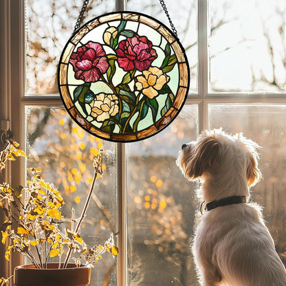 Stained Glass Window Hanging - Birth Flower Carnation Suncatcher for Doors Garden Yard Red Yellow