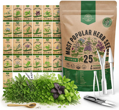 25 Most Popular Herb Seeds Variety Pack - 11,700 Non-GMO Heirloom Seeds for Planting Herbs in