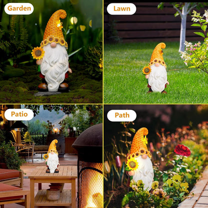 Garden Gnomes Outdoor - Sunflower Gnome Statue with Solar LED Lights for Yard, Patio, Lawn