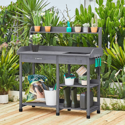 Yaheetech Potting Bench with Sink & Drawer, Outdoor Gardening Table, Gray