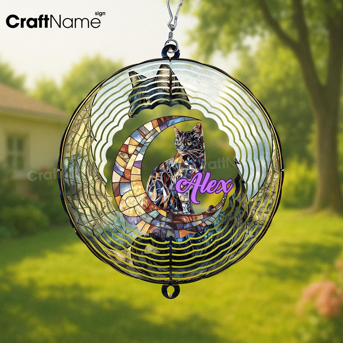 Personalized Cat & Moon Wind Spinner 3D Stainless Steel, Cat Garden Spinner Hanging Outdoor Decor