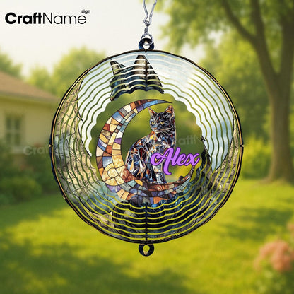 Personalized Cat & Moon Wind Spinner 3D Stainless Steel, Cat Garden Spinner Hanging Outdoor Decor