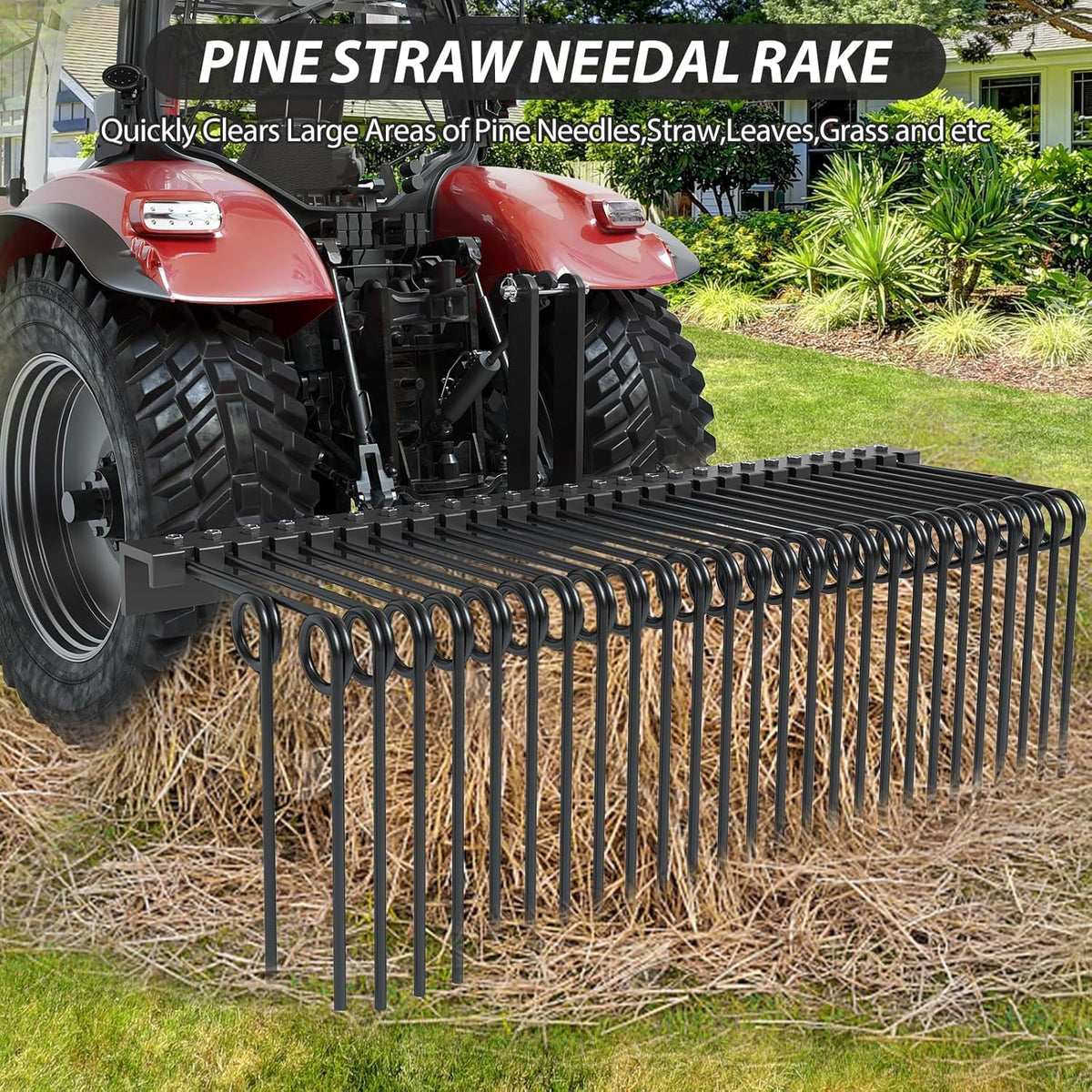 72" Durable Powder Coated Steel Pine Straw Rake, Steel Spring Landscape Rake for Leaves, Pine