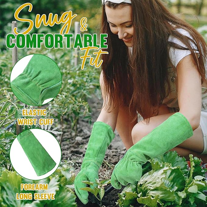 HANDLANDY Leather Gardening Gloves, Thorn Proof Long Gauntlet Heavy Duty Garden Gloves, Elbow