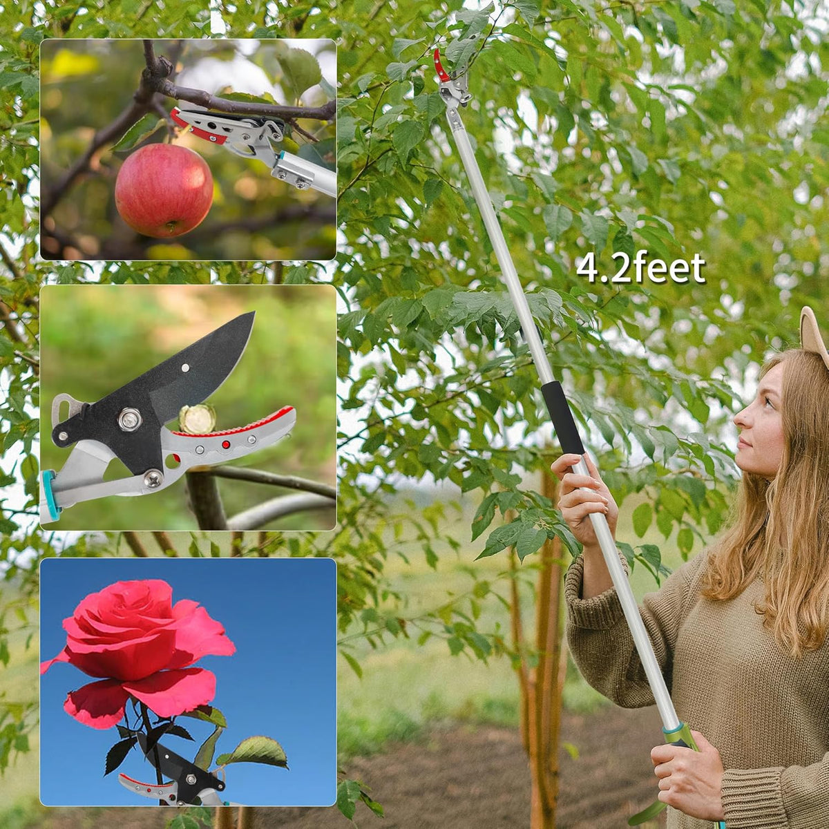 GARTOL Cut & Hold Pole Pruner, 4.2 FT Lightweight Fruit Picker with 180° Rotating Handle, SK5 Steel
