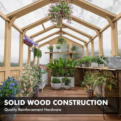 Restland 6x8 FT Wood Greenhouse with Shelves Reinforced Frame Walk-in Greenhouses with Adjustable