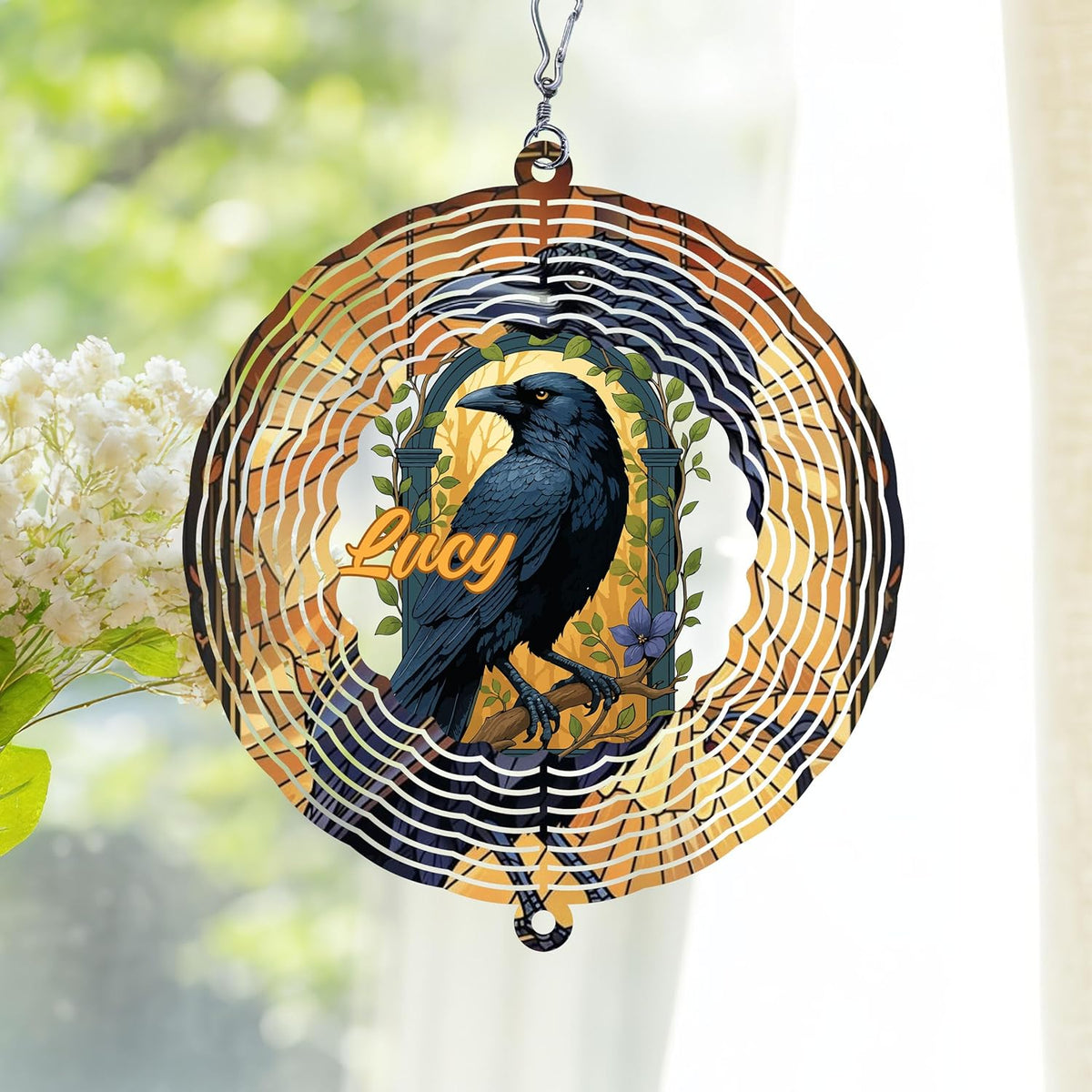 Personalized Raven Wind Spinner 3D Stainless Steel, Raven Garden Spinner Hanging Outdoor Decor