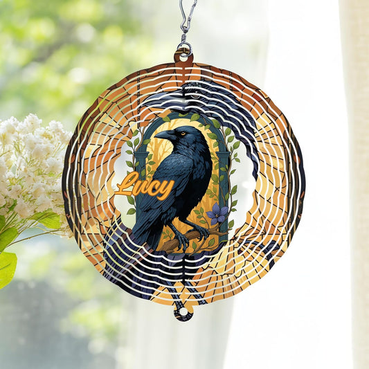 Personalized Raven Wind Spinner 3D Stainless Steel, Raven Garden Spinner Hanging Outdoor Decor