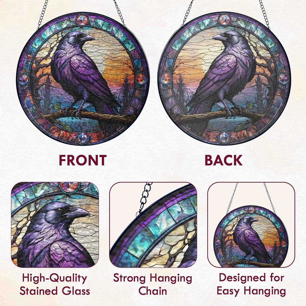FLAGWIX Halloween Decorations Indoor Outdoor - The Crow Raven Stained Glass Window Hanging 8in