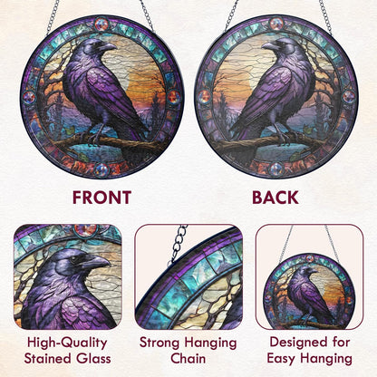 FLAGWIX Halloween Decorations Indoor Outdoor - The Crow Raven Stained Glass Window Hanging 8in