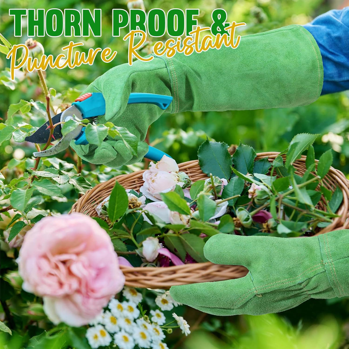 HANDLANDY Leather Gardening Gloves, Thorn Proof Long Gauntlet Heavy Duty Garden Gloves, Elbow