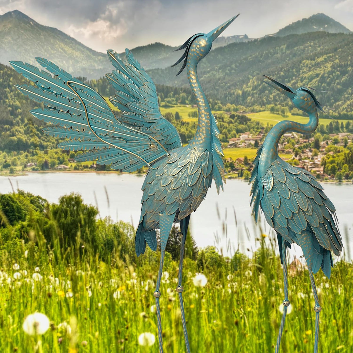 Crane Statues for Outdoor, Metal Heron Garden Statues Bird Yard Art, Standing Sculptures for Yard