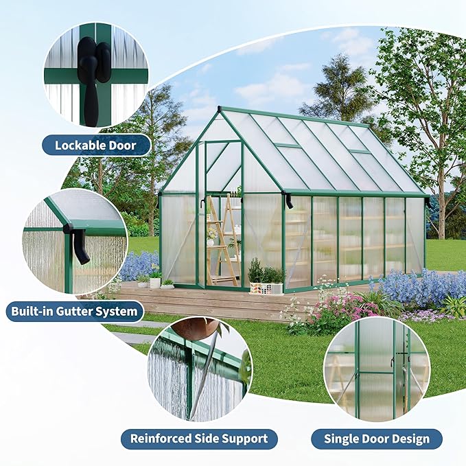 8'X14' Aluminum-Framed Polycarbonate Greenhouse, Heavy Duty Polycarbonate Greenhouse with Quick