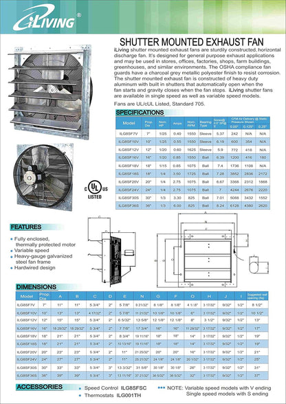 iLiving - 16" Wall Mounted Exhaust Fan - Automatic Shutter - Variable Speed - Vent Fan For Home