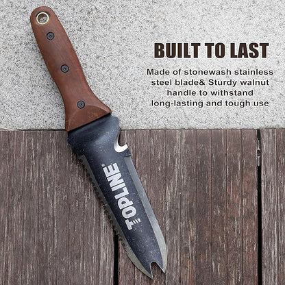 TOPLINE Hori Hori Garden Knife with Oxford Sheath, 7”Stainless Steel Blade with Cutting Edge