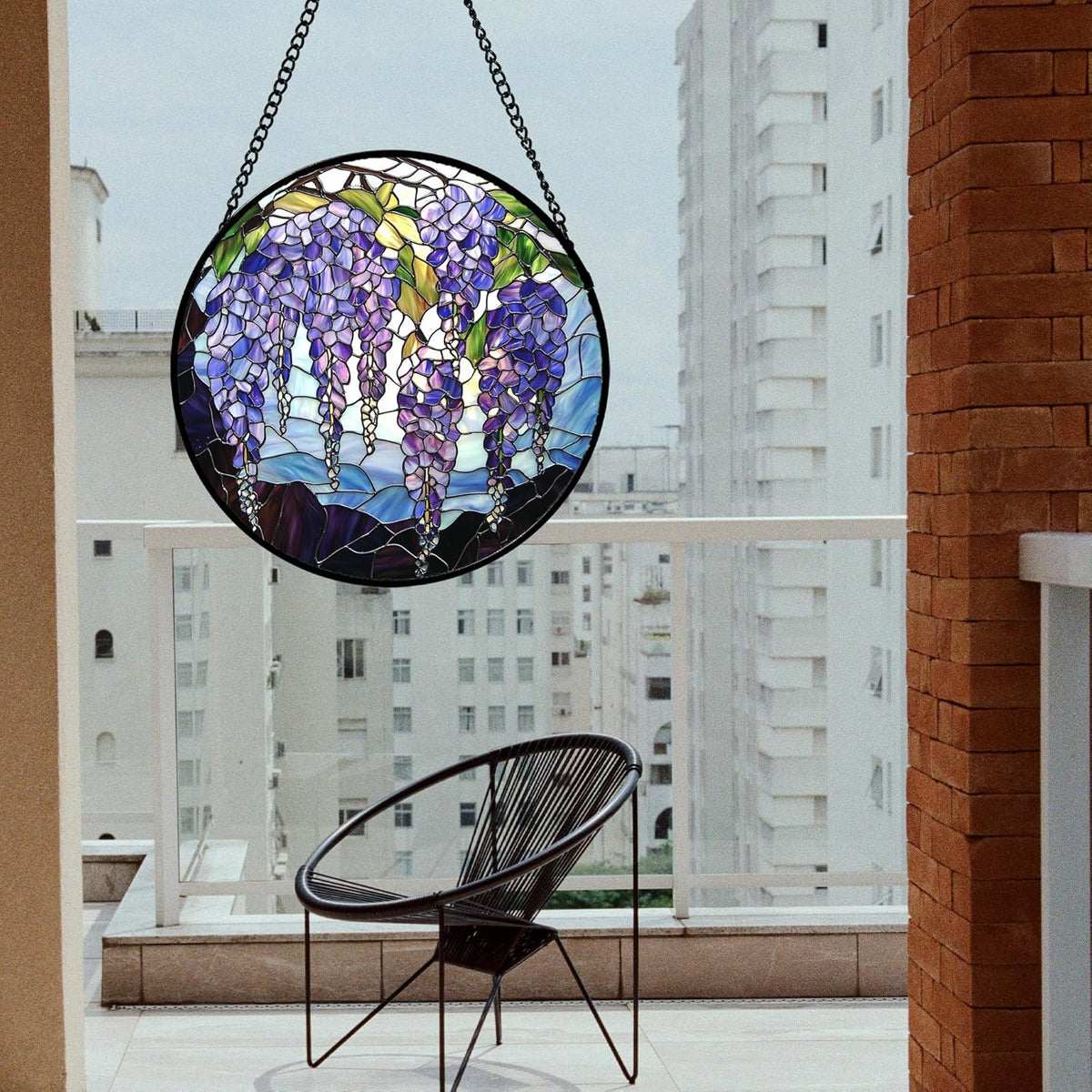 Stained Glass Window Hanging, Purple Wisteria Flowers Suncatcher for Doors Window Home Plant Sun