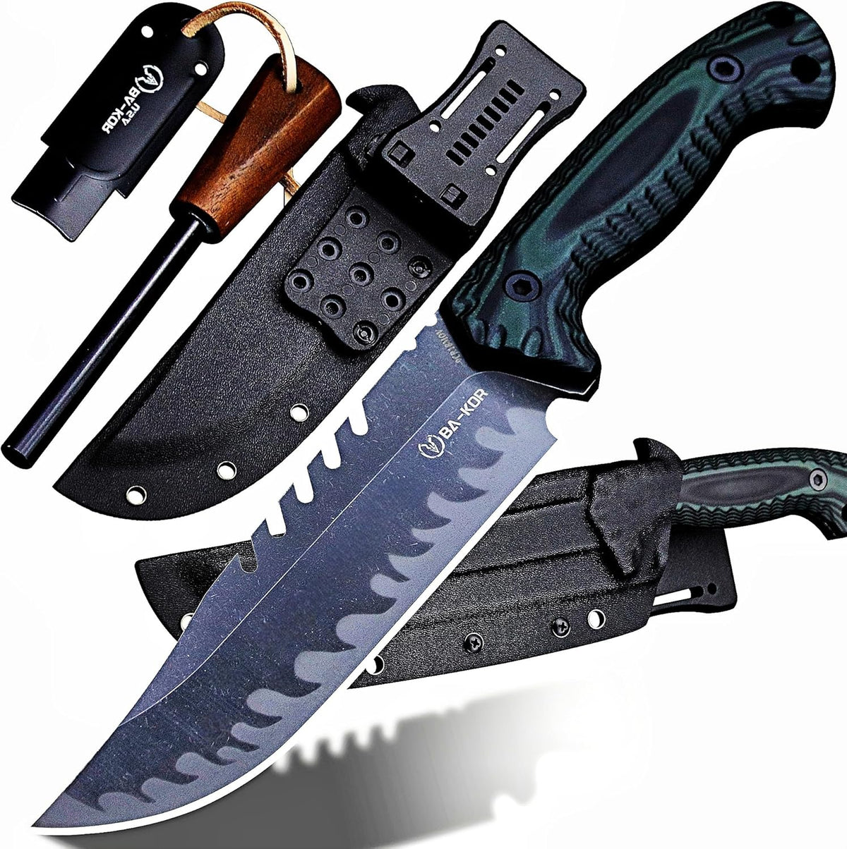 BA-KOR 12.4in Full Tang Fixed Blade Hunting Knife – 6mm 9CR18MoV Steel, G10 Handle, Stonewashed
