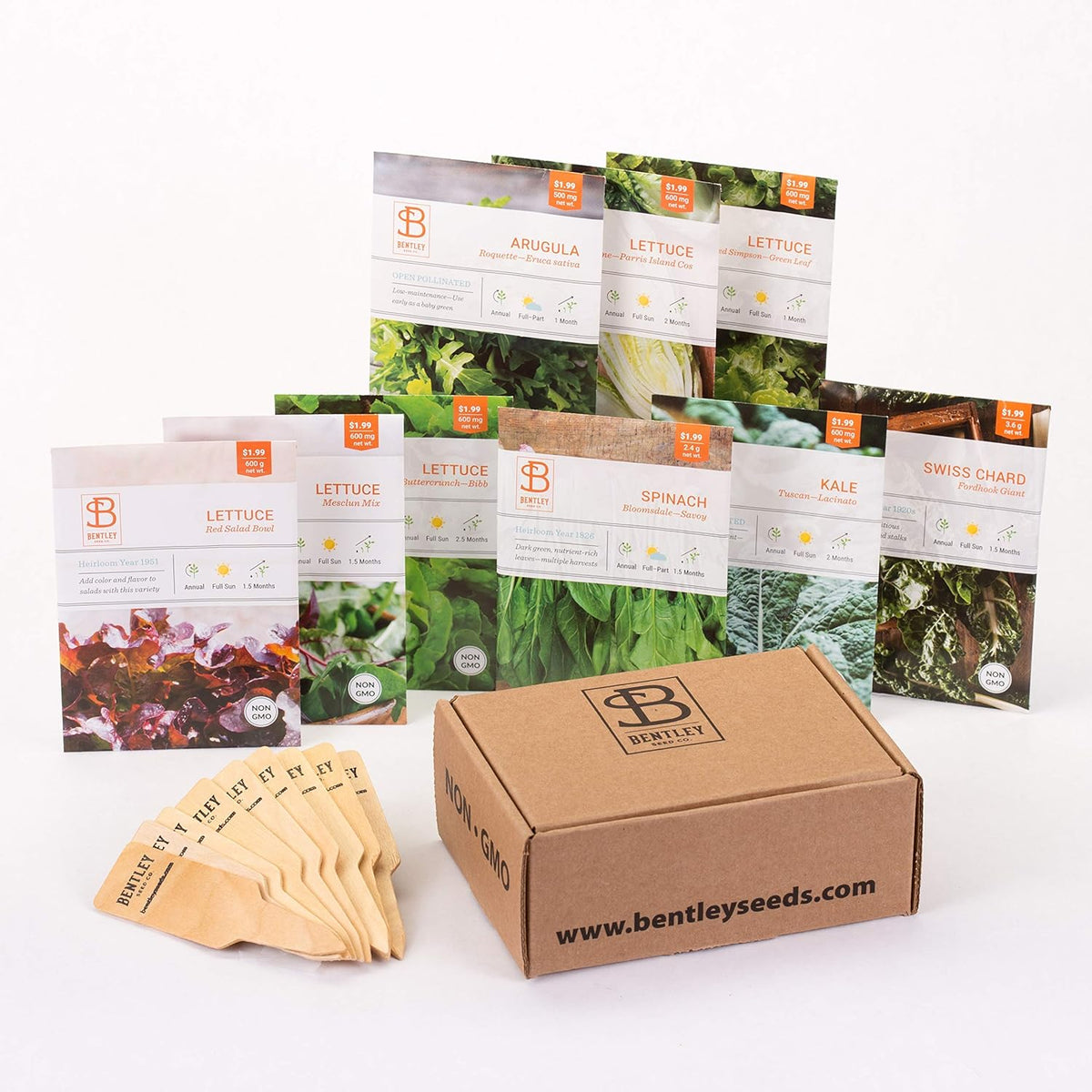 Seed Starter Kit – Salad Greens | Non-GMO | Heirloom Seed Packets | Natural Wood Row Markers | Over