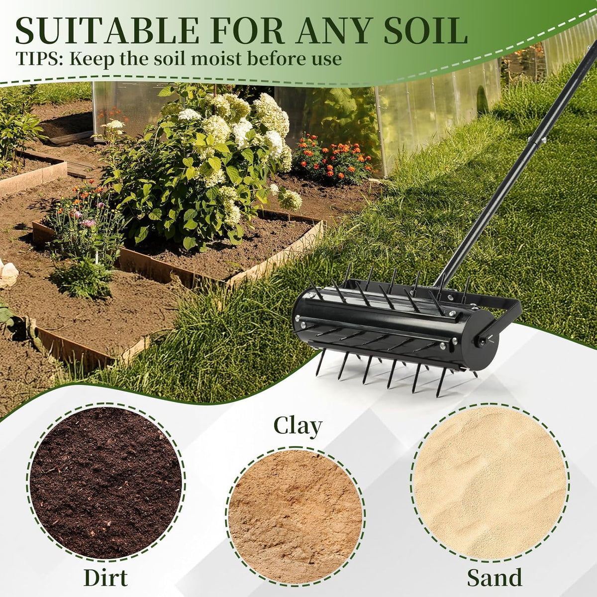 VINGLI Rolling Lawn Aerator with T-Shaped Handle, 17 inch Manual Aerator Tool, Lawn Aerator Spike