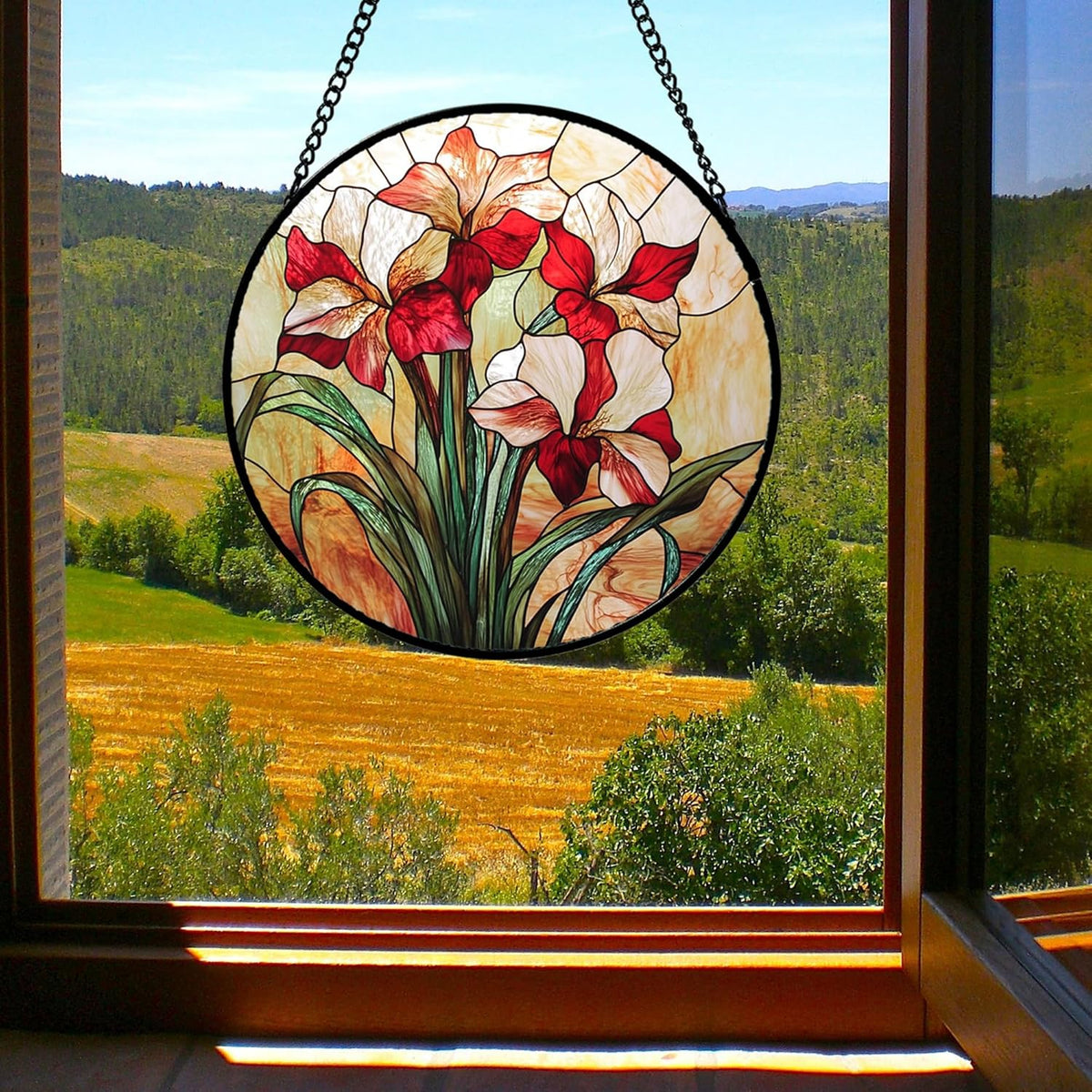 Stained Glass Window Hanging - Red Gladiolus Flower Suncatcher for Door Yard Sun Catchers Decor
