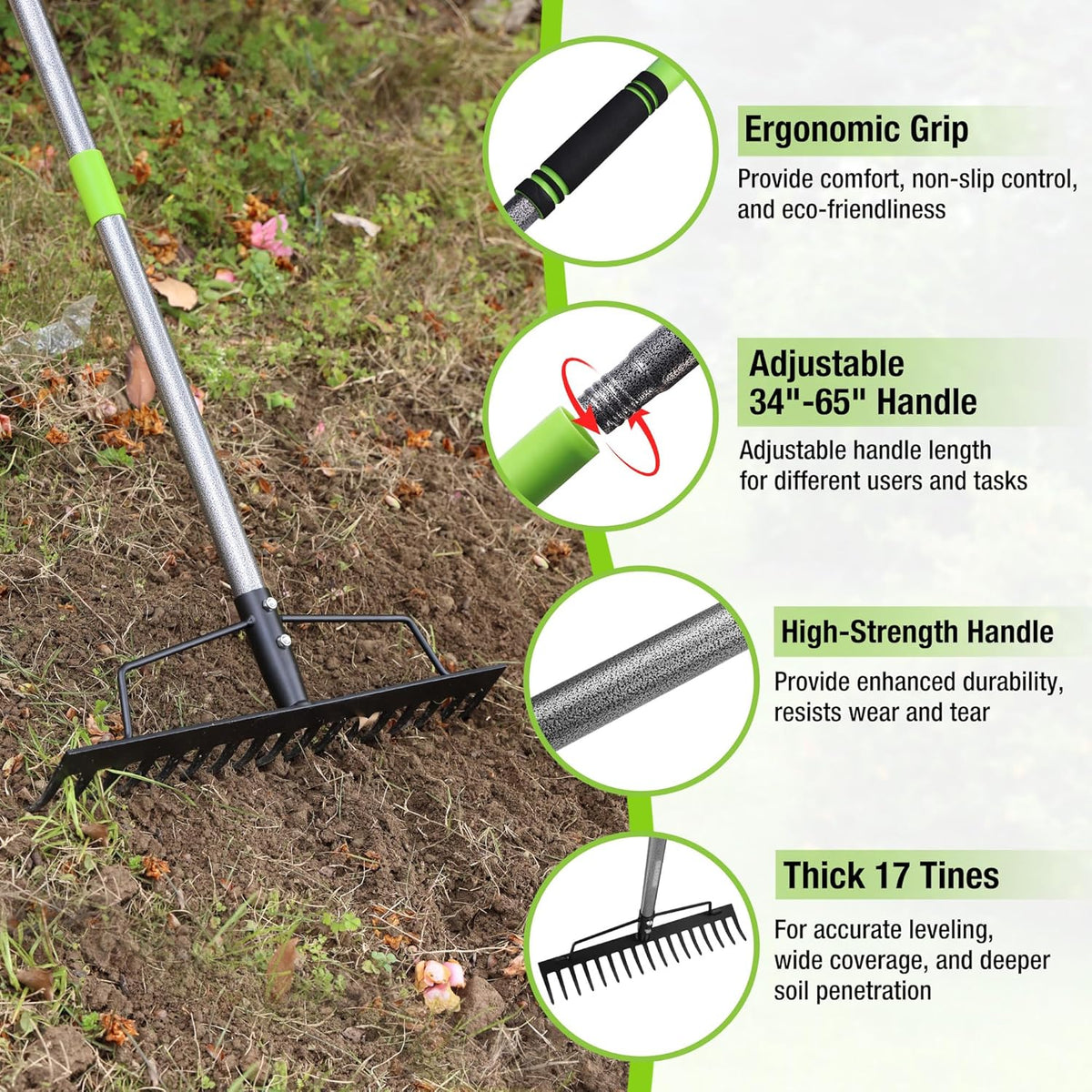 WORKPRO 65 Inch Bow Rake, 17 Tines Metal Head Rakes with High Strength Handle, Heavy Duty Garden