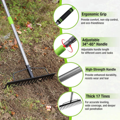 WORKPRO 65 Inch Bow Rake, 17 Tines Metal Head Rakes with High Strength Handle, Heavy Duty Garden