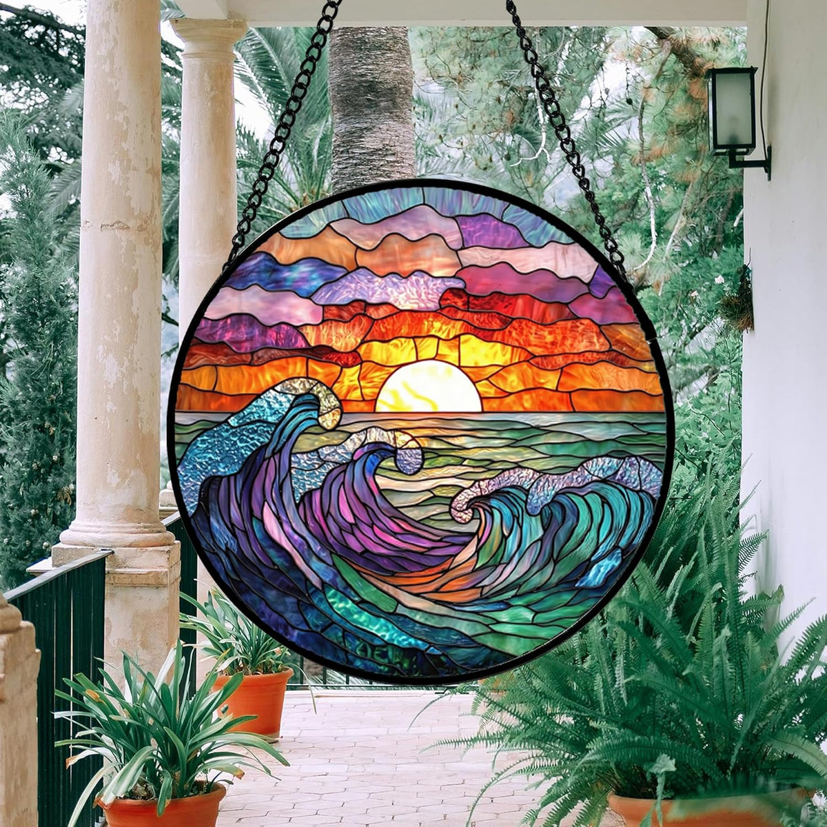 Stained Glass Window Hanging, Clouds and Sea Waves Suncatcher Diamond Glass Panel Hangings Scenery