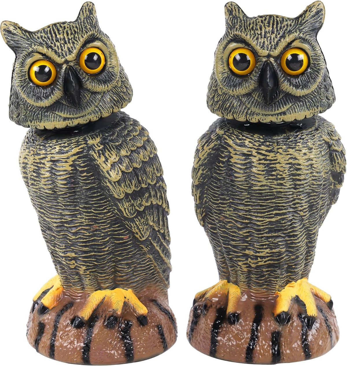 Hausse 2 Pack Bird Scarecrow Fake Owl Decoy Sculpture, 10.6 Inch Height Golden Rotating Head