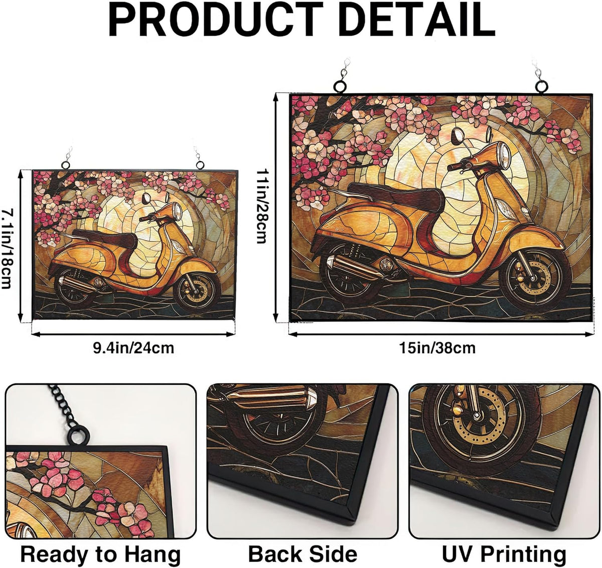 Customized Rectangle Art Nouveau Cherry Scooter Suncatcher Stained Glass Window Hangings Sun