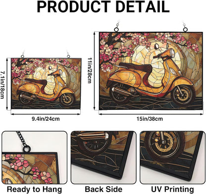 Customized Rectangle Art Nouveau Cherry Scooter Suncatcher Stained Glass Window Hangings Sun