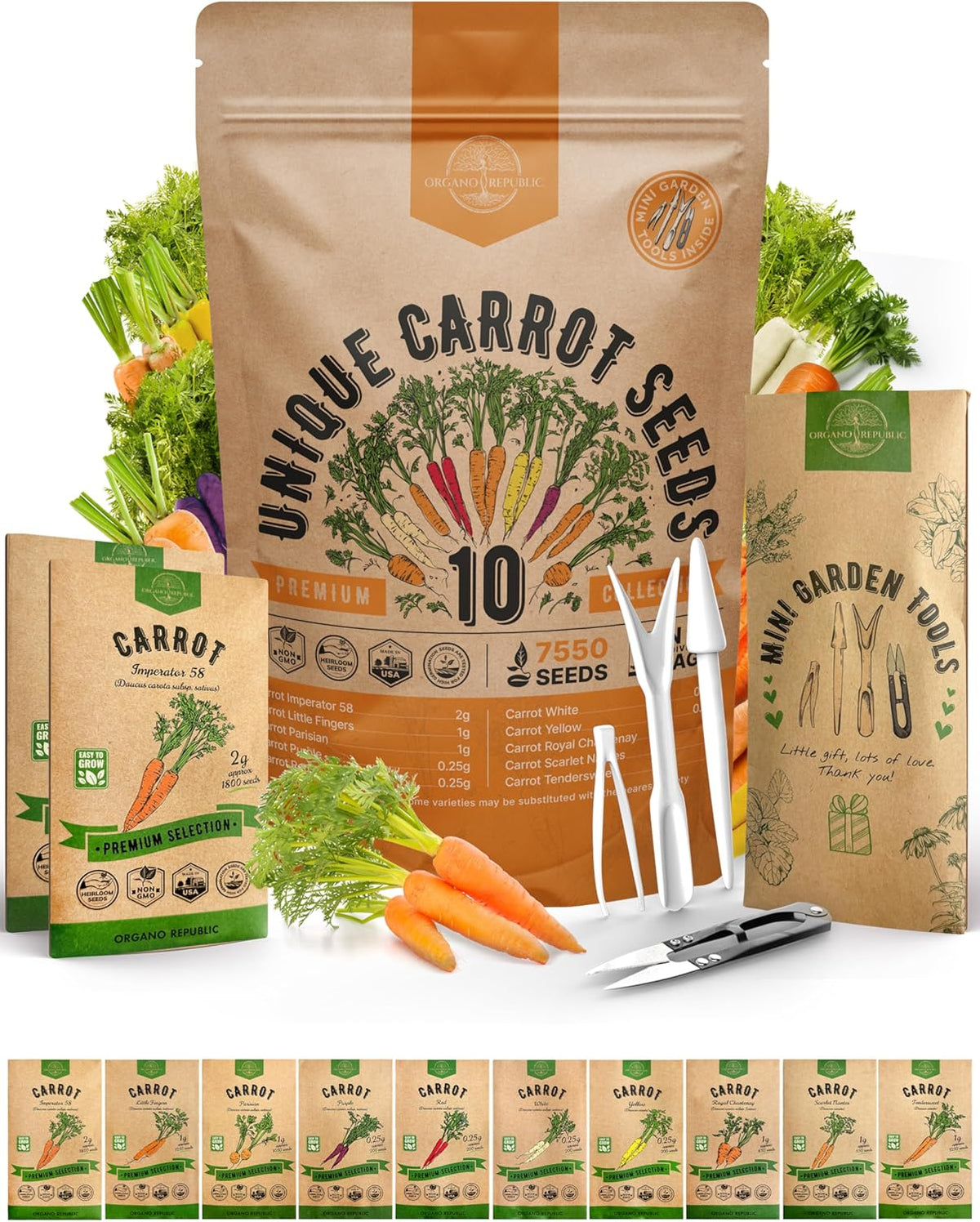 Organo Republic 10 Unique Carrot Seeds Variety Pack - 7,550+ Non-GMO Heirloom Carrot Seeds for