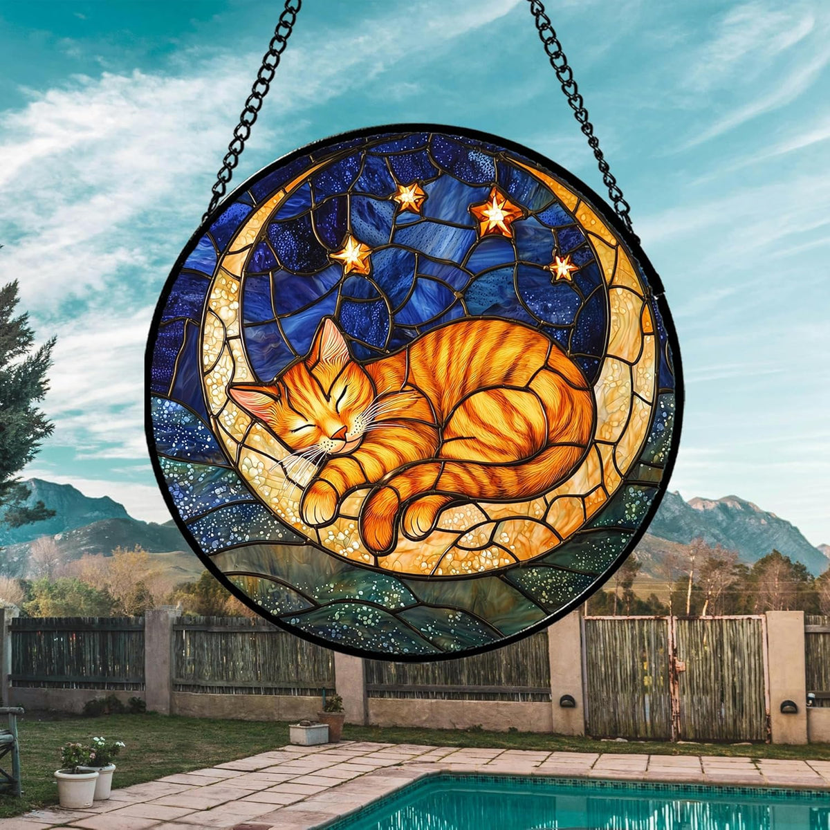 Stained Glass Window Hanging - Orange Moon Sleeping Cat Sun Catcher for Door Home Decor Blue Starry