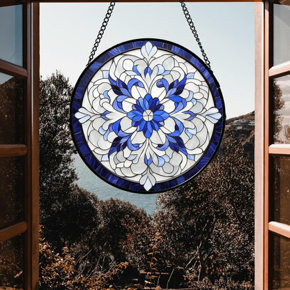 Stained Glass Window Hanging - Blue White Boho Flower Suncatcher for Door Garden Yard Sun Catchers