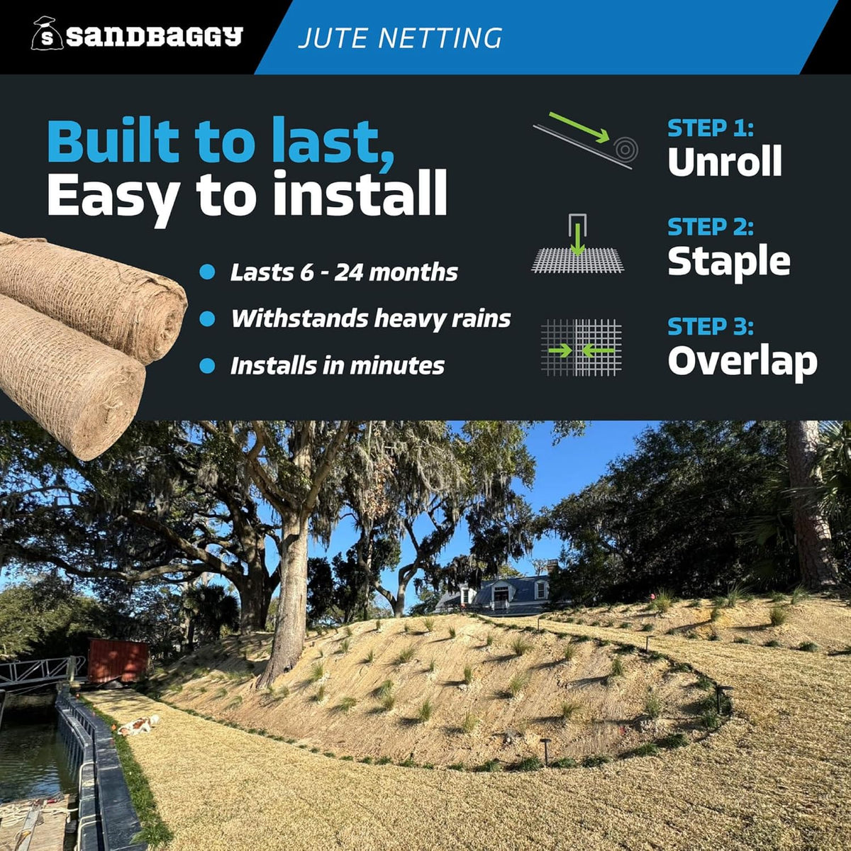 Sandbaggy Jute Netting Roll, 4 ft x 225ft - Biodegradable Erosion Control Blanket for Slopes, Hills