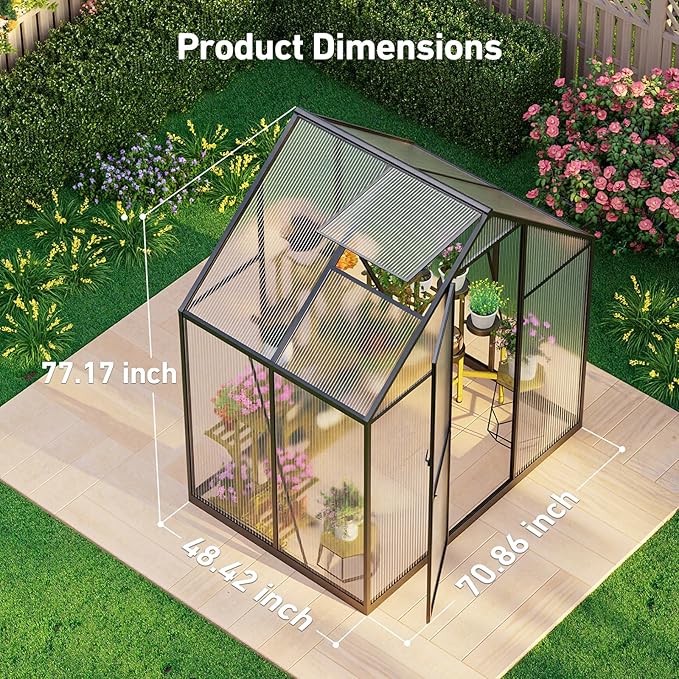 6x4FT Outdoor Greenhouse, Polycarbonate Green House, Small Walk-in Greenhouse with Vented Roof